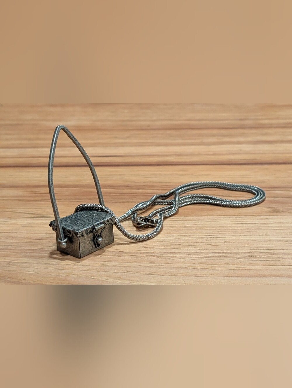 Silvertone Box Pendant On Matching Chain Necklace